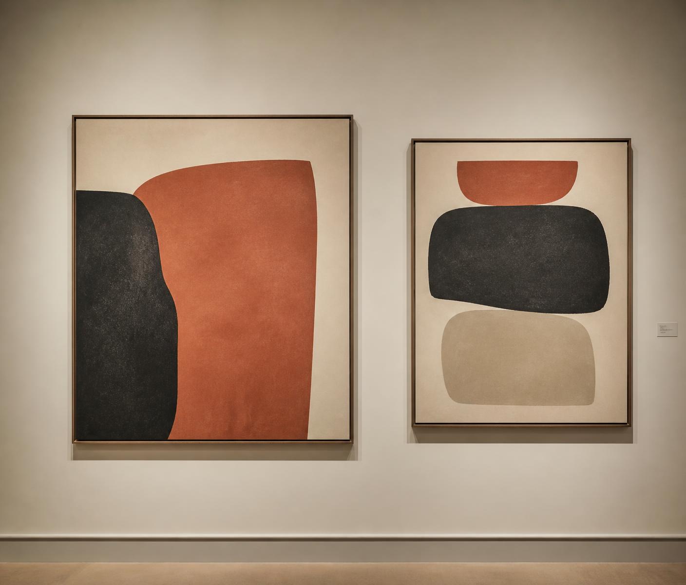 Two abstract artworks in terracotta and charcoal hanging on a warm ivory gallery wall